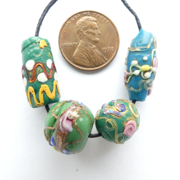 Wedding Cake Beads, Antique Venetian Lampwork, Set of 4