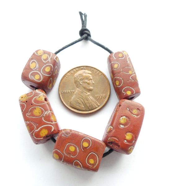 Brown Antique Venetian Lampwork, Set of 5 Square Cross Section Beads