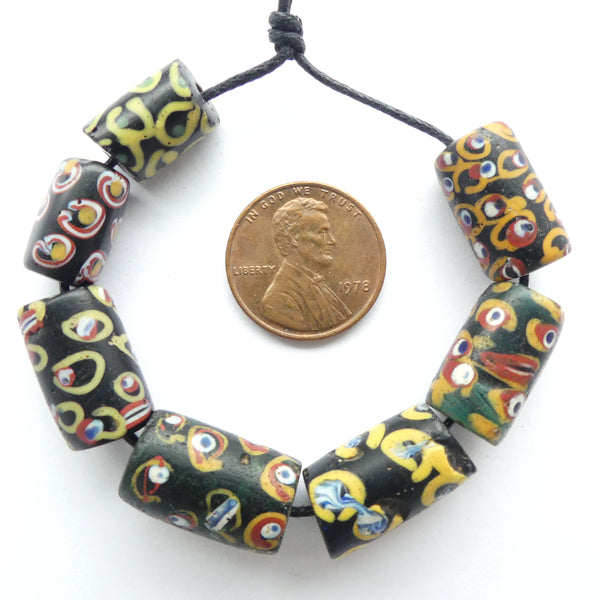 Black Antique Venetian Lampwork, Set of 7 Eye Beads, Largest 19x12mm