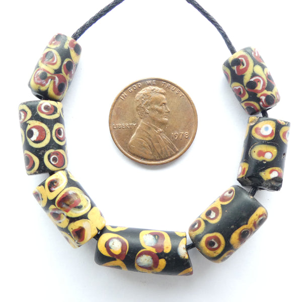 Black Antique Venetian Lampwork Trade Beads, Set of 7