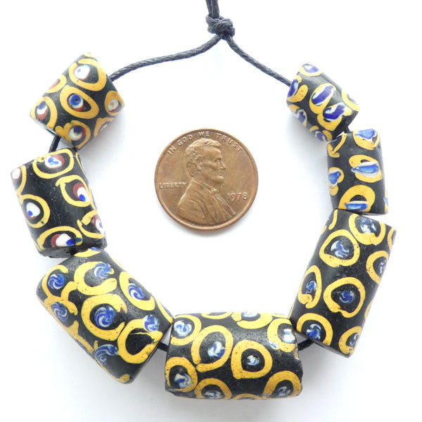 Lampwork,  Antique Venetian Trade Beads, Black withe Yellow & Blue Eyes, Set of 7