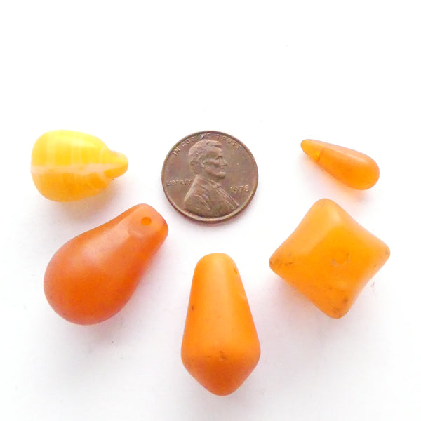 Molded Glass, Antique "Agate" Beads, Set of 5 Assorted Shapes in Orange