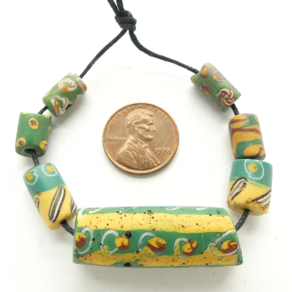 Lampwork, Antique Venetian Green and Yellow, Collector/Designer Set of 7 Beads