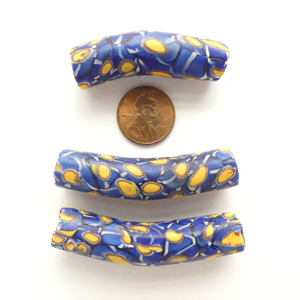Millefiori, Antique Venetian Trade Beads, Set of 3 Large Blue Elbows