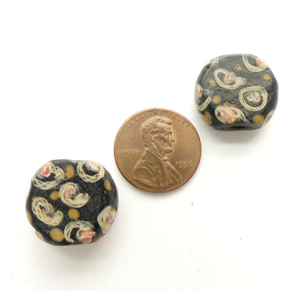 Tabular Antique Venetian Lampwork, Pair of Black Beads with Complex Eye Designs, Sold by Pair