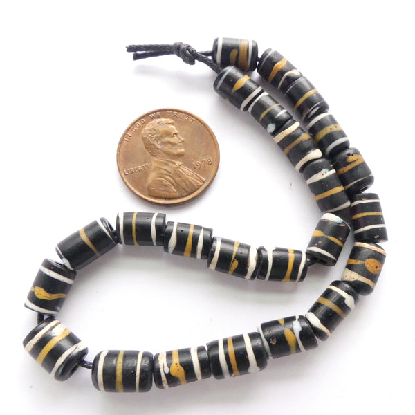 Lampwork Antique Venetian, Black Striped Yellow & White, Set of 24