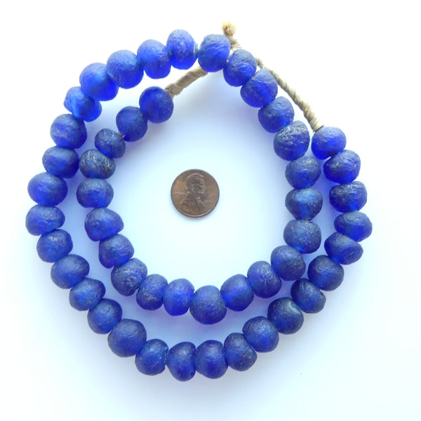 Krobo Recycled Glass Round Beads, Blue 13-15mm
