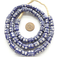Krobo Powder Glass Tubes with Decoration, Blue & White, Strands of 55-58 Beads