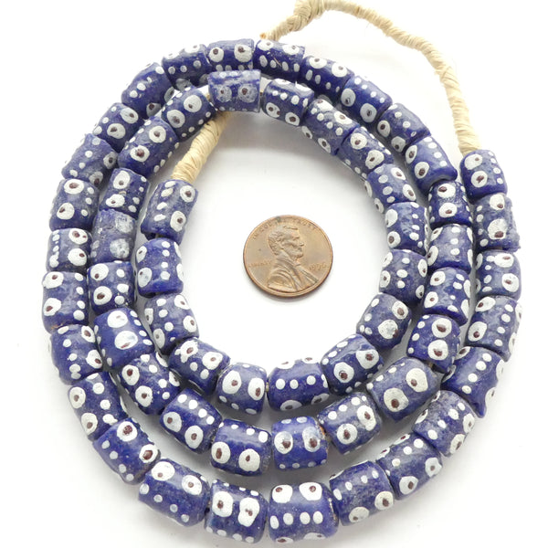 Krobo Powder Glass Tubes with Decoration, Blue & White, Strands of 55-58 Beads