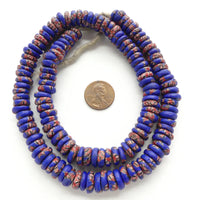 Krobo Discs, Blue with Multi Striped Seed Beads Melted in, 4x10mm on 21-inch Strands