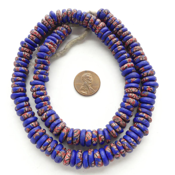Krobo Discs, Blue with Multi Striped Seed Beads Melted in, 4x10mm on 21-inch Strands