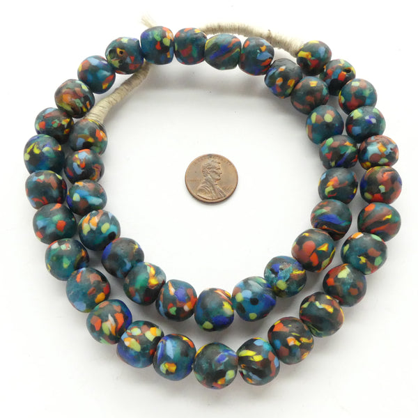 Krobo, Black Matte Recycled Glass with Colorful Chips, 14mm Round on 22-inch Strands