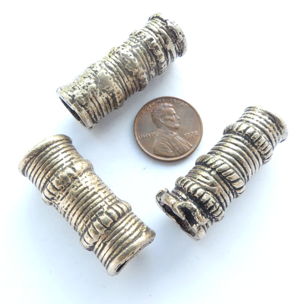 Nigerian Extra Large Antique Brass Cylinder Beads, Set of 3