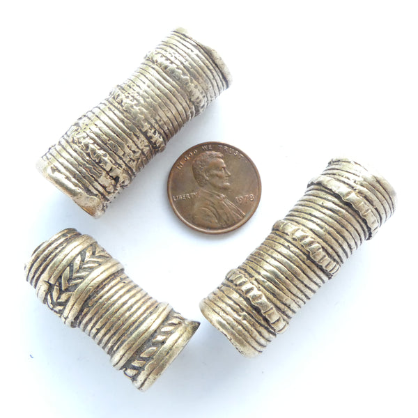 Nigerian Extra Large Antique Brass Cylinder Beads, Set of 3