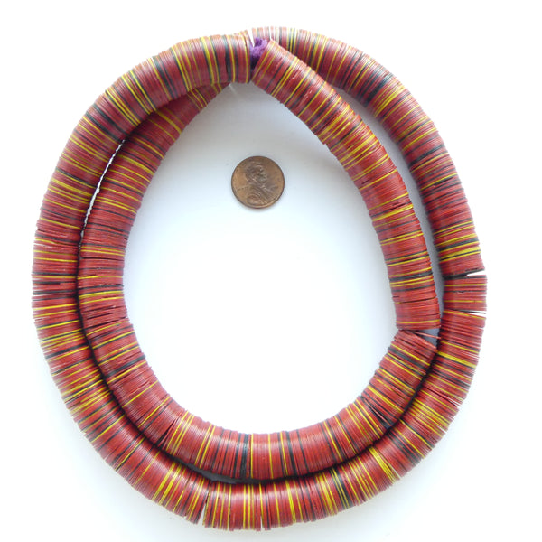 Vinyl Heishi, Large, Mostly Red, with Yellow & Black, 15mm