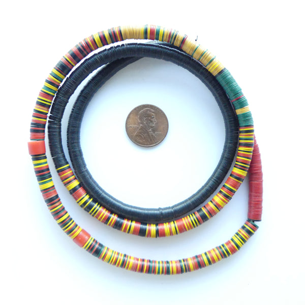 Vinyl Heishi, Mixed Strand of Red, Black & Yellow, 5mm and 7mm, on 30" Strand