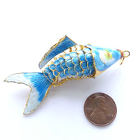 Fish Pendant, Extra Large, Vintage, Articulated Cloisonne, Turquoise, 70mm long