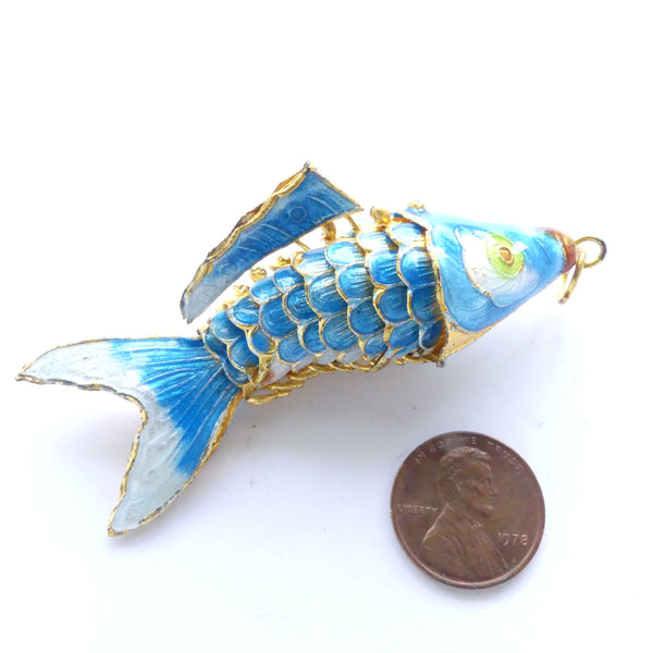Fish Pendant, Extra Large, Vintage, Articulated Cloisonne, Turquoise, 70mm long