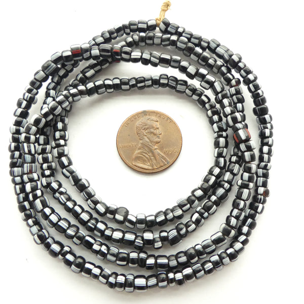 Striped Antique Venetian Glass Seed Beads, Black & White, 3-4mm