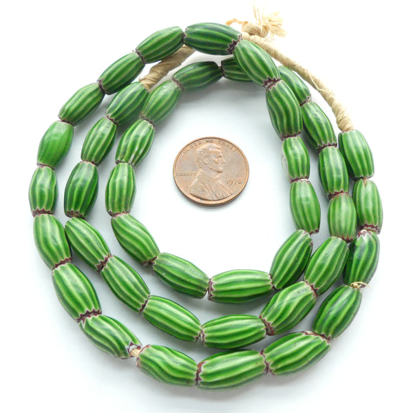Chevrons , Antique Venetian, Green Watermelon Style.  13x8mm on 23" Strands