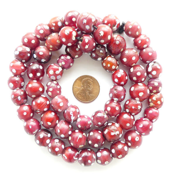 White Hearts, Antique Eye Beads, 12mm Diameter on Long 31-inch Strand