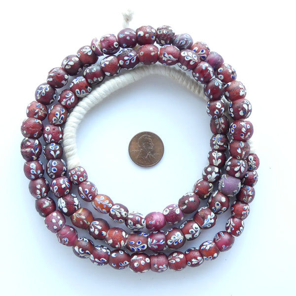 White Hearts, Antique Fancy Floral Decorated Round 9-13mm on 30-inch Strand