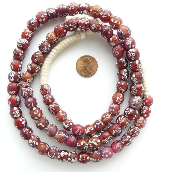 White Hearts, Antique Fancy Floral Decorated Round 9-13mm on 30-inch Strand