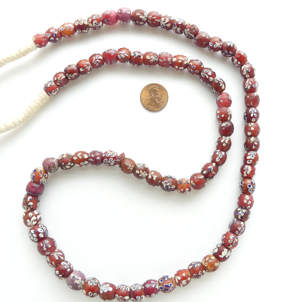 White Hearts, Antique Fancy Floral Decorated Round 9-13mm on 30-inch Strand