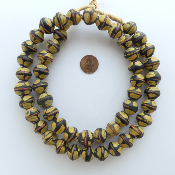 King Beads,  Antique Venetian Lampwork, Black with Amber 15mm