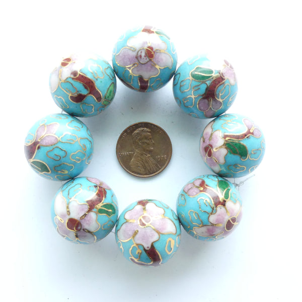 Cloisonne, Vintage Round, Light Blue with Pink Flowers, 20mm. Sold Individually