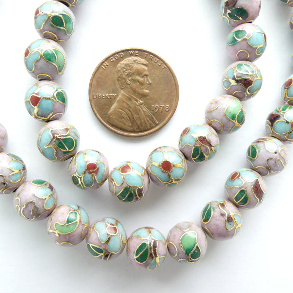Cloisonne, Vintage Round, Pink with Blue Flowers, 8mm. Sold Individually