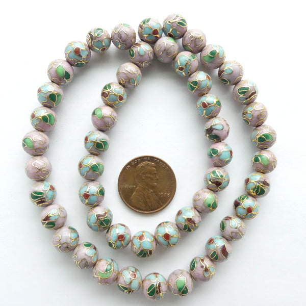 Cloisonne, Vintage Round, Pink with Blue Flowers, 8mm. Sold Individually