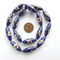 Cloisonne, Vintage Elegant Long Ovals, Dark Blue with Pink Flowers. Sold Individually