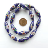 Cloisonne, Vintage Elegant Long Ovals, Dark Blue with Pink Flowers. Sold Individually