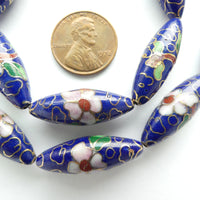 Cloisonne, Vintage Elegant Long Ovals, Dark Blue with Pink Flowers. Sold Individually