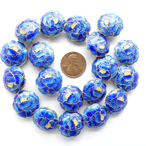 Enameled, Pillow Shape Blue Flower with Gold, 18mm. Sold Individually