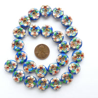 Enamel, Donut Shape, Blue wiht Pink Flowers, 16mm. Sold Individually