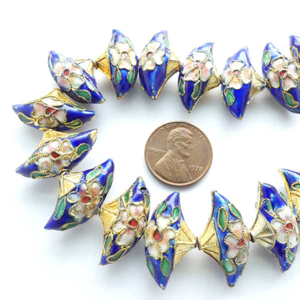 Enamel, Strand of Royal Blue Fan Shape Beads with Floral Design