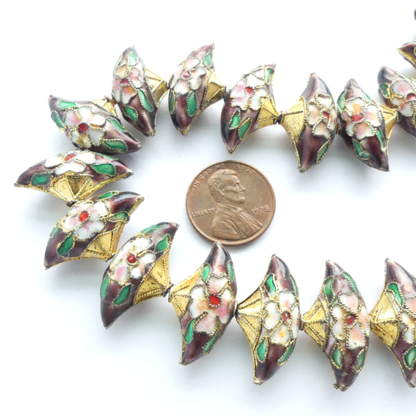 Enamel, Strand of Fan Shape Beads, Floral Design on Purple with Gold Tops