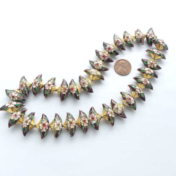 Enamel, Strand of Fan Shape Beads, Floral Design on Purple with Gold Tops