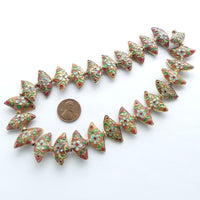 Cloisonne, Strand of Fan Shape Coral Beads with Floral Design