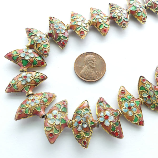 Enamel, Strand of Fan Shape Coral Beads with Floral Design