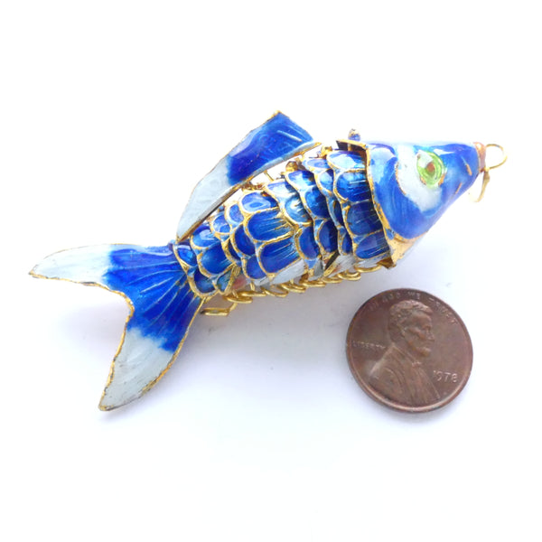 Cloisonne, Vintage, Extra Large Articulated Fish Pendant, Royal Blue, 70mm long