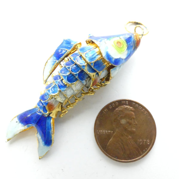 Fish Pendant, Large Vintage Articulated Dark Aqua Cloisonne, 50mm long