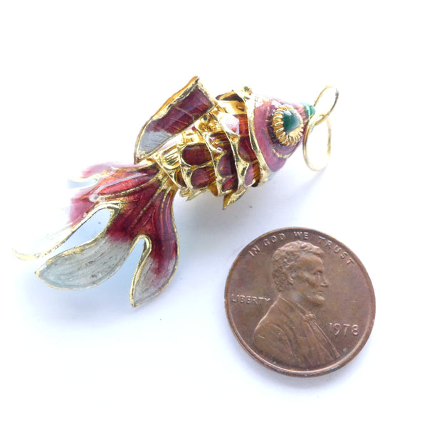 Cloisonne, Vintage Medium,  Articulated Fish Pendant, Orange 45mm long