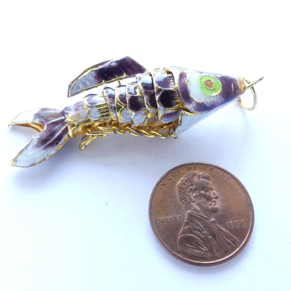 Cloisonne, Vintage Medium Articulated Fish Pendant, Purple, 45mm