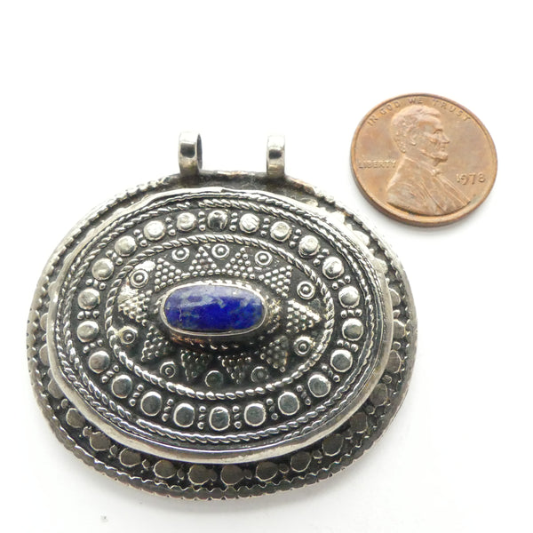 Turkoman Inspired Afghan, Oval Pendant with Lapis Stone, 2x1.75 inches