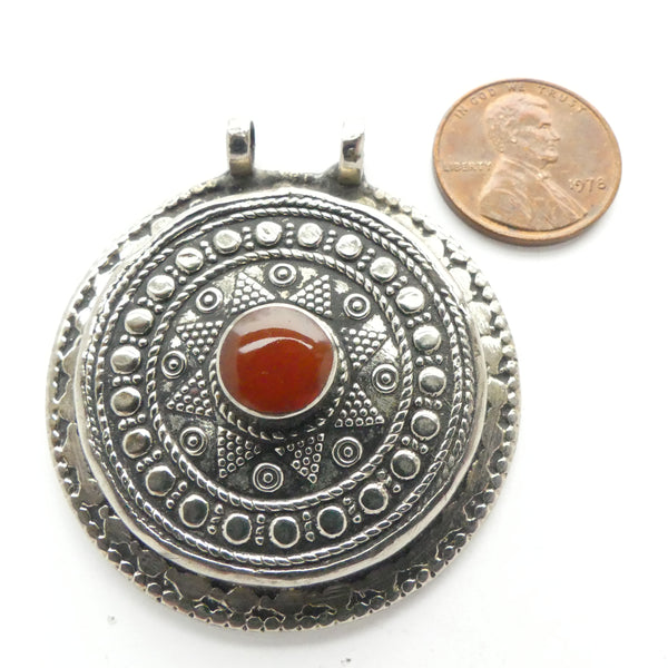 Turkoman Inspired, Afghan Round Pendant with Carnelian Stone, 1.75 inches Diameter