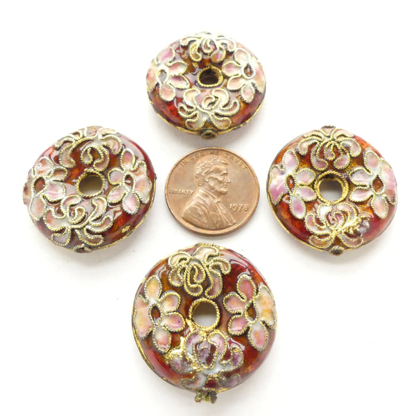 Enamel, Donuts 25mm Diameter, Red with Pink Flowers, Sold Individually