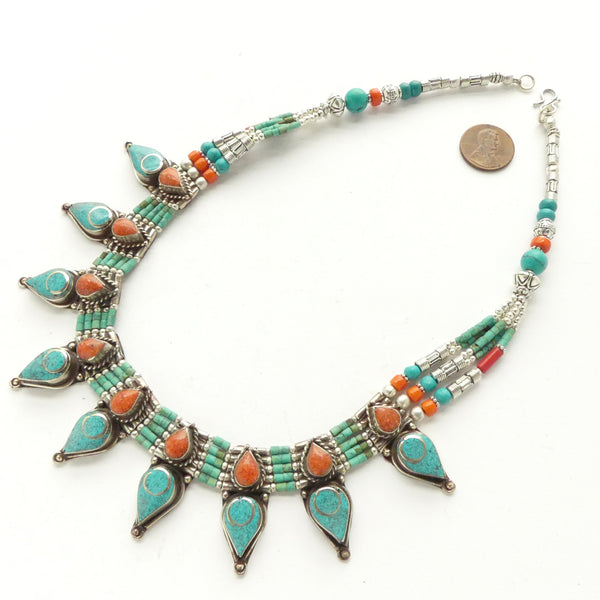 Tibetan Contemporary Collar, Silver, White Metal, Turquoise and Coral, 20 inches